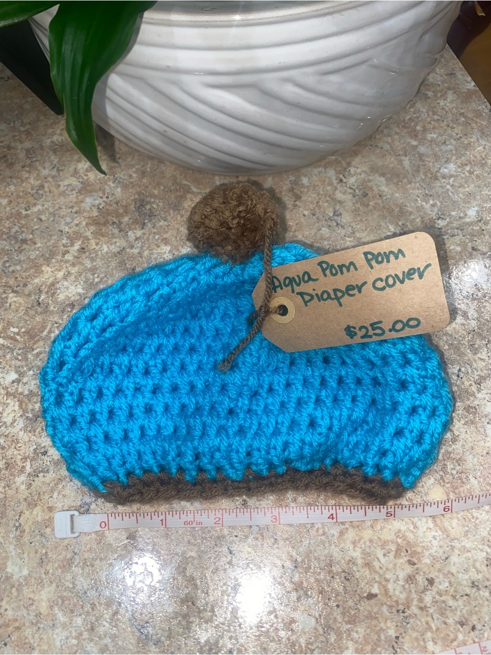 Handmade Crochet Beanie, Diaper Cover & Booties Set - Brown and Bright Turquoise - Picture 4 of 6